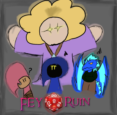 Feyruin party with drawings of characters and dragon